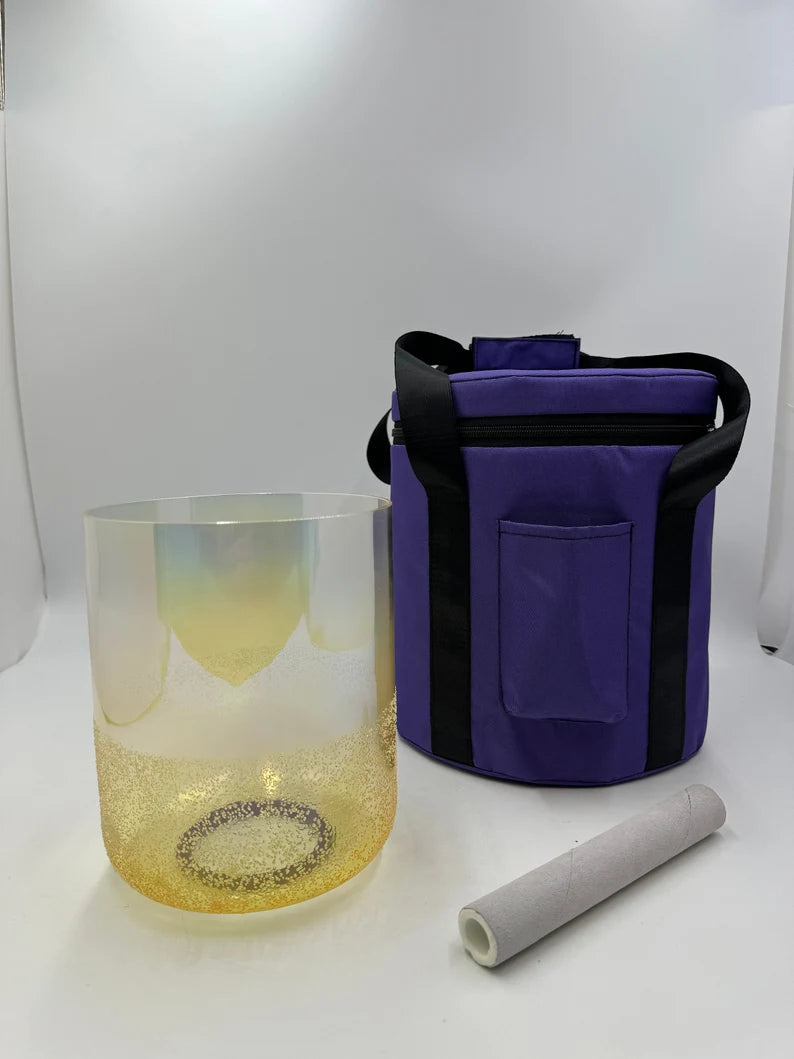 Rare Perfect Pitch 9" Tall Citrine D Note Root Chakra Crystal Singing Bowl Set with PADDED CASE and Striker