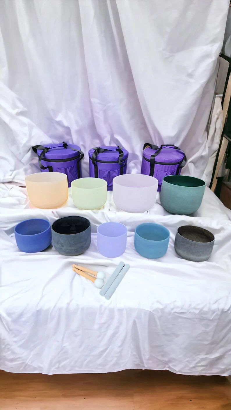 Gem Fused Set of 9 Chakra Quartz Crystal Singing Bowls includes Premium Earth Star and Soul Purpose Chakra packed in 3 Padded Secured Cases
