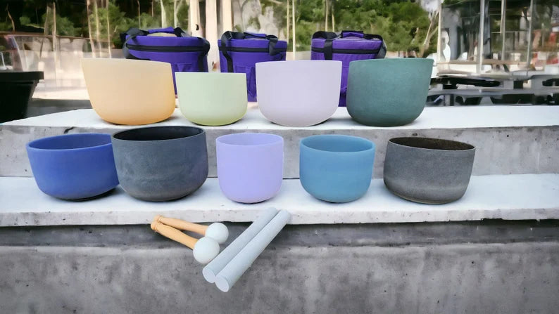 Gem Fused Set of 9 Chakra Quartz Crystal Singing Bowls includes Premium Earth Star and Soul Purpose Chakra packed in 3 Padded Secured Cases
