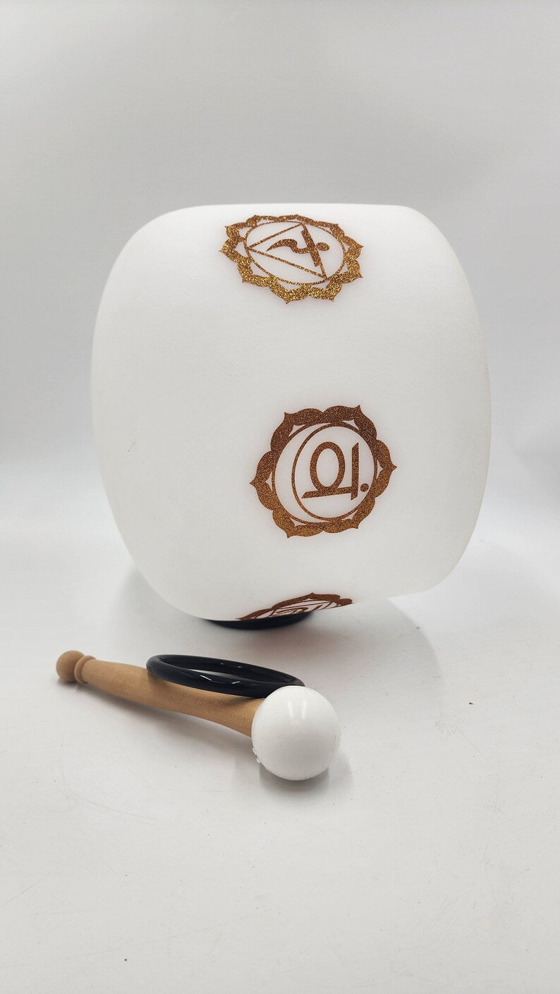 Hand Design 432Hz Perfect Pitch 12 Inch C Note Root Chakra Crystal Singing Bowl with Intricate Gold Patterns in Secure Case, Striker O-ring