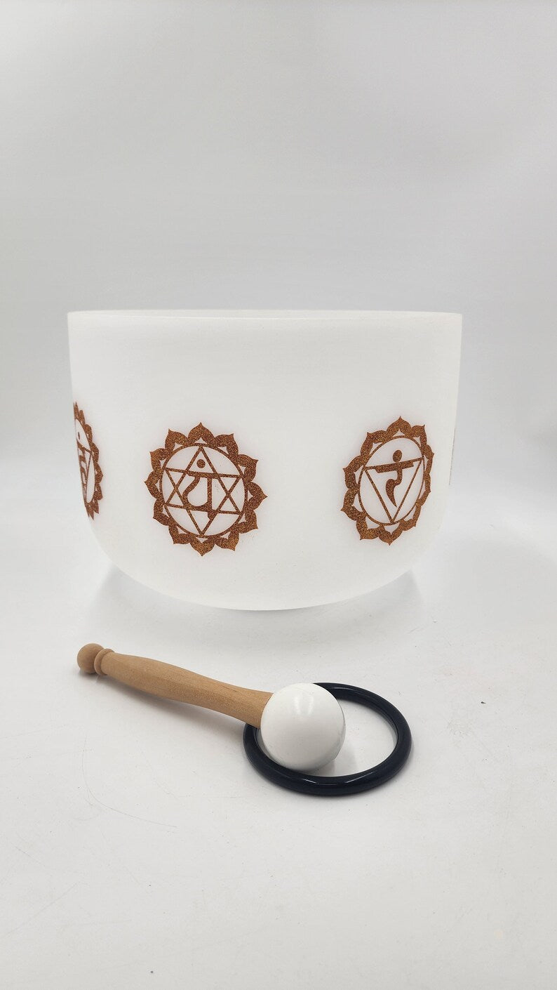 Hand Design 432Hz Perfect Pitch 12 Inch C Note Root Chakra Crystal Singing Bowl with Intricate Gold Patterns in Secure Case, Striker O-ring