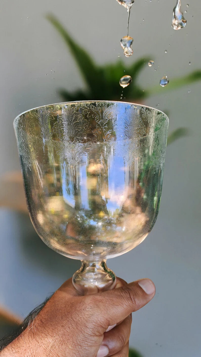 Perfect Pitch Chakra Crystal Singing Grail Bowl - A Note, 3rd Eye - 5.5" Wide, 10" Tall with Suede Striker, Intricate Floral Elegance