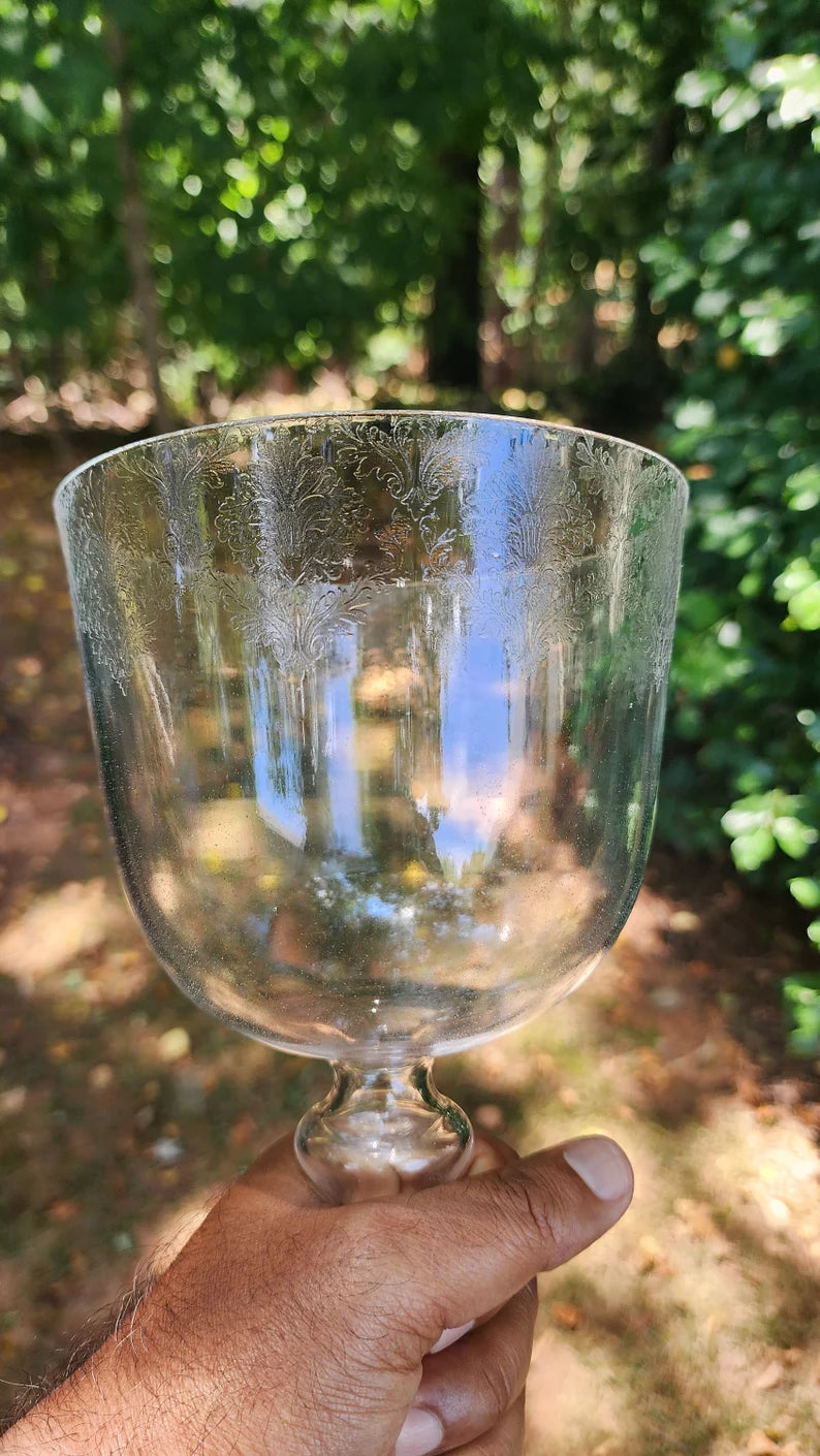 Perfect Pitch Chakra Crystal Singing Grail Bowl - A Note, 3rd Eye - 5.5" Wide, 10" Tall with Suede Striker, Intricate Floral Elegance