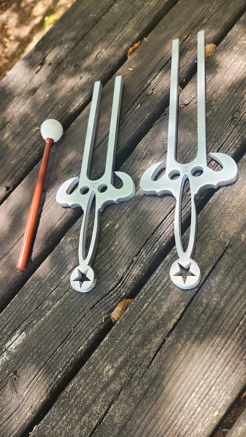 Pair of 16" Yin 128Hz & 14" Yang 192Hz Trident Tuning Forks - Extended Resonance, Ancient Healing Frequency, Professional Sound Therapy Tool