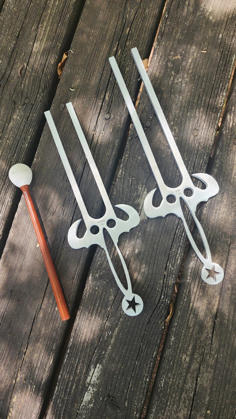Pair of 16" Yin 128Hz & 14" Yang 192Hz Trident Tuning Forks - Extended Resonance, Ancient Healing Frequency, Professional Sound Therapy Tool