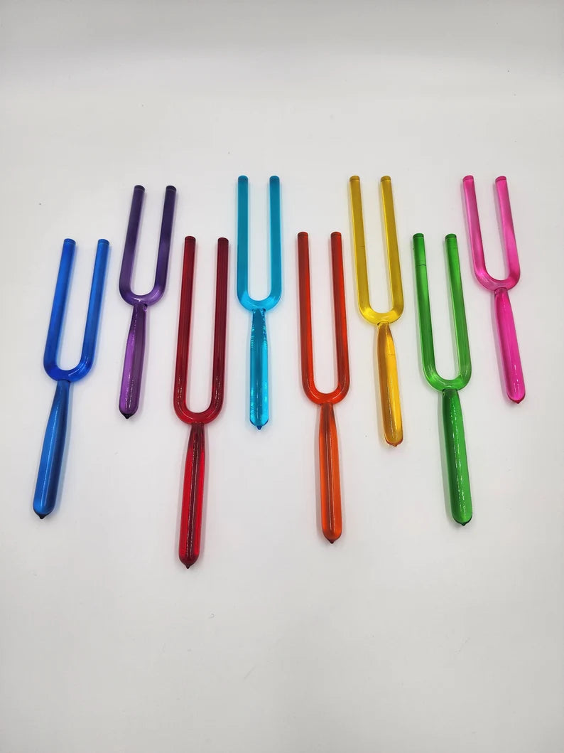 Chakra Crystal Tuning Fork Set of 8 - 16mm, C, D, E, F, G, A, B and High C Soul Purpose with Metal Carry Case - Crystal Sound Vibration