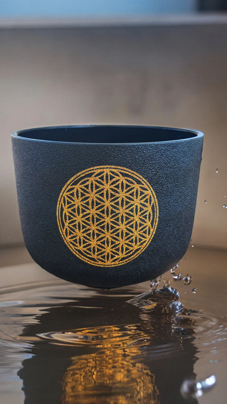 432Hz Black Flower of Life Crystal Singing Bowl with Padded Secure Case, Striker, and O-ring