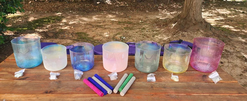 432Hz Gem Fused Clear Crystal Singing Bowl Chakra 7 Set Moldavite, Citrine, Rose Quartz, Selenite, Pink Tourmaline, Amazonite, Lapis Lazuli