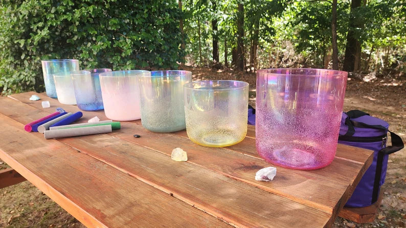 432Hz Gem Fused Clear Crystal Singing Bowl Chakra 7 Set Moldavite, Citrine, Rose Quartz, Selenite, Pink Tourmaline, Amazonite, Lapis Lazuli
