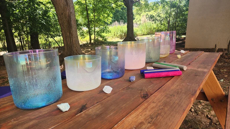 432Hz Gem Fused Clear Crystal Singing Bowl Chakra 7 Set Moldavite, Citrine, Rose Quartz, Selenite, Pink Tourmaline, Amazonite, Lapis Lazuli