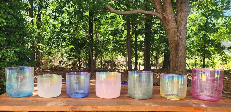 432Hz Gem Fused Clear Crystal Singing Bowl Chakra 7 Set Moldavite, Citrine, Rose Quartz, Selenite, Pink Tourmaline, Amazonite, Lapis Lazuli