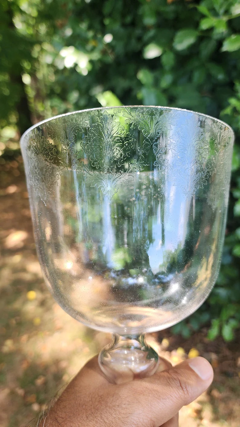 Perfect Pitch Chakra Crystal Singing Grail Bowl - A Note, 3rd Eye - 5.5" Wide, 10" Tall with Suede Striker, Intricate Floral Elegance