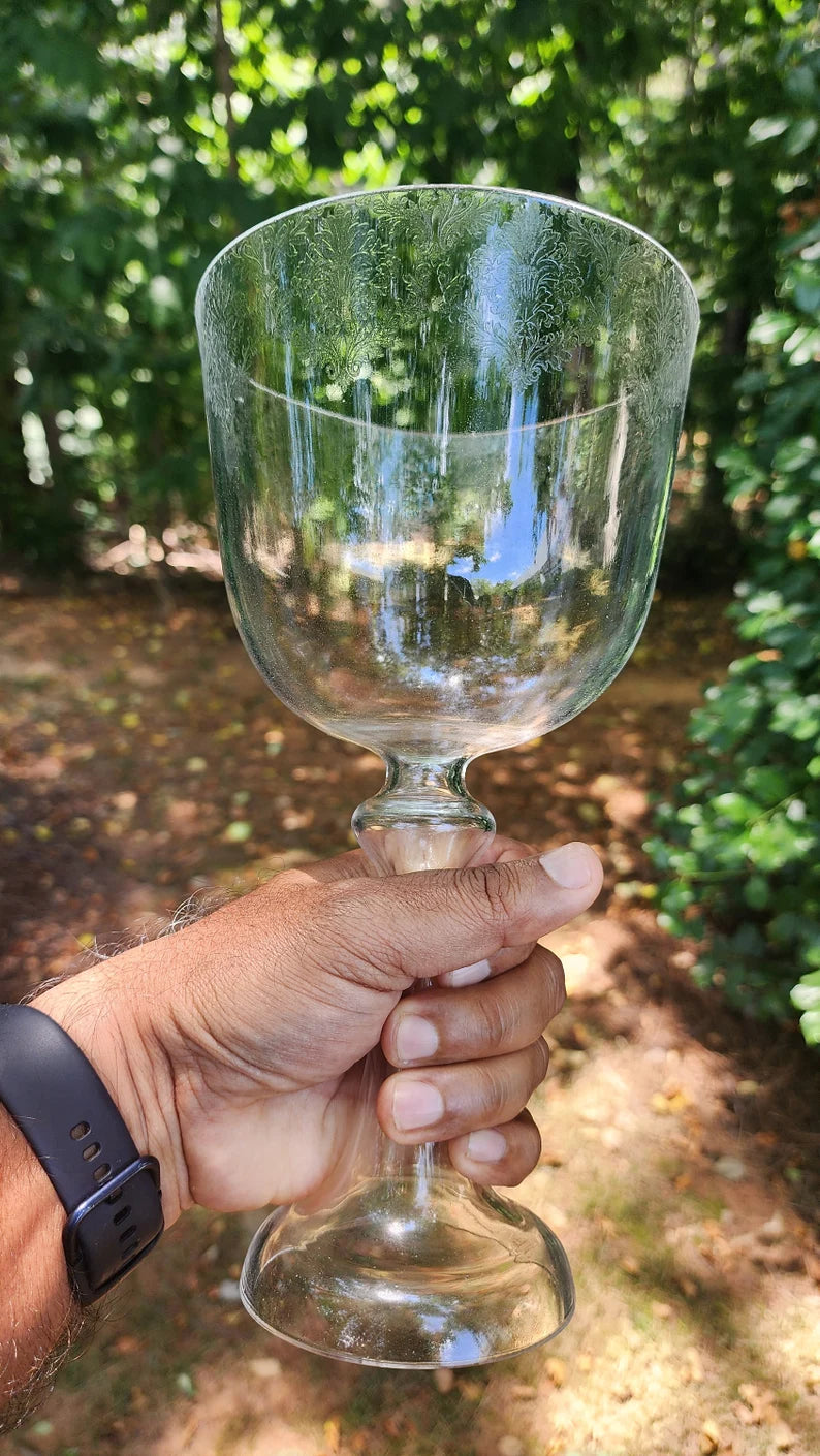 Perfect Pitch Chakra Crystal Singing Grail Bowl - A Note, 3rd Eye - 5.5" Wide, 10" Tall with Suede Striker, Intricate Floral Elegance