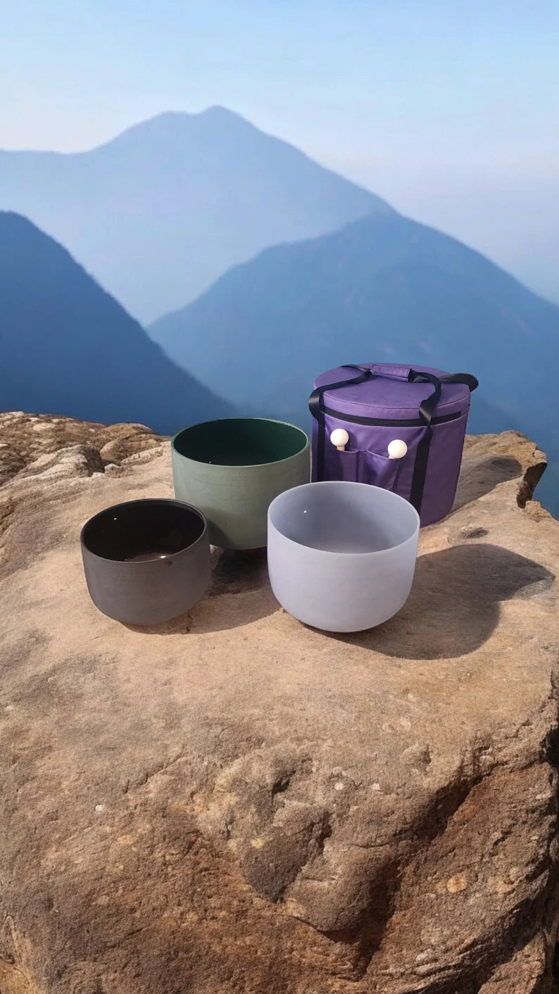 Gem Fused Solfeggio Crystal Singing Bowl 3 Set - 741Hz, 852Hz, 963Hz with Padded Secure Case, Strikers, and O-rings - Sizes 10" to 14"