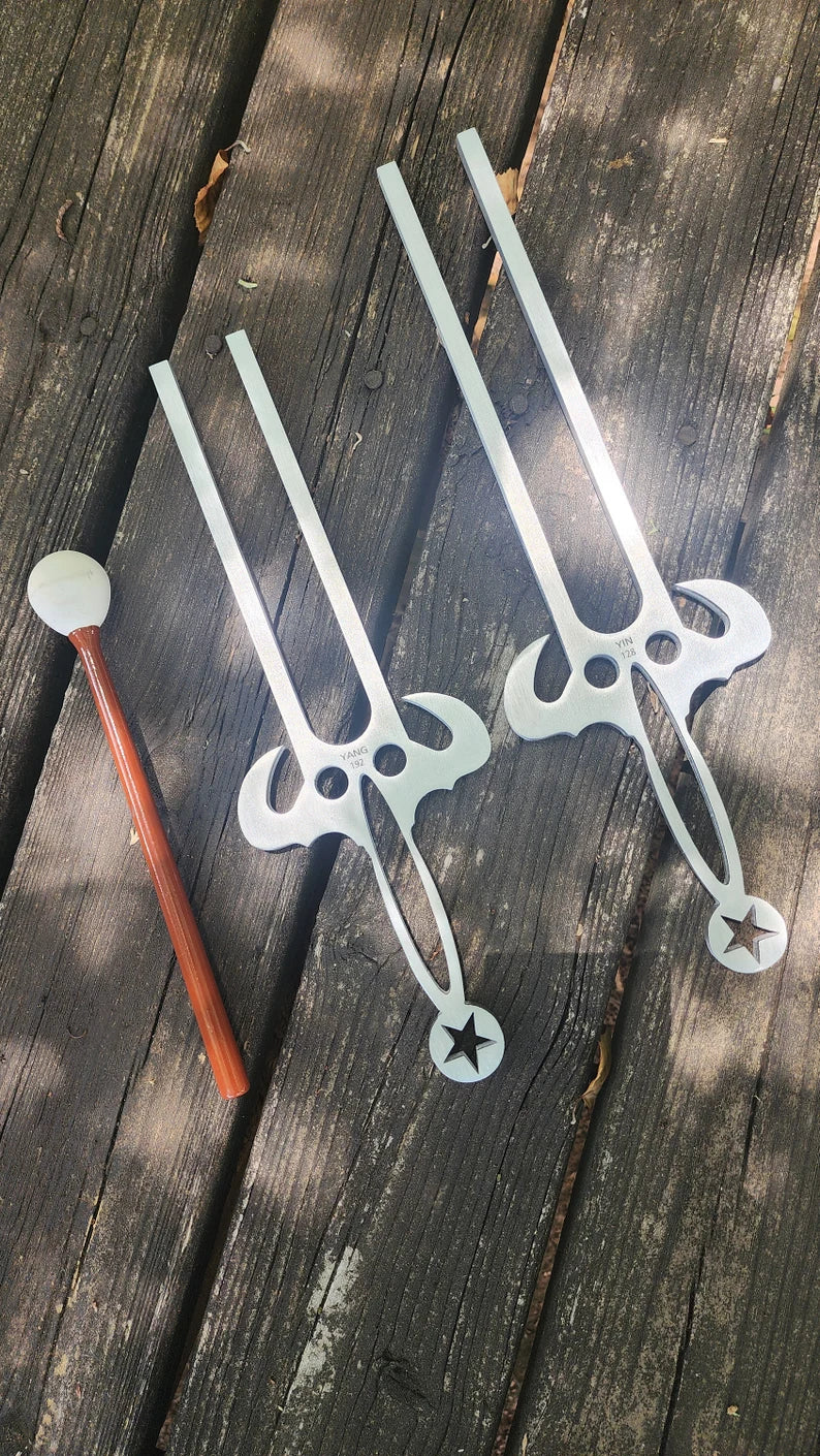 Pair of 16" Yin 128Hz & 14" Yang 192Hz Trident Tuning Forks - Extended Resonance, Ancient Healing Frequency, Professional Sound Therapy Tool
