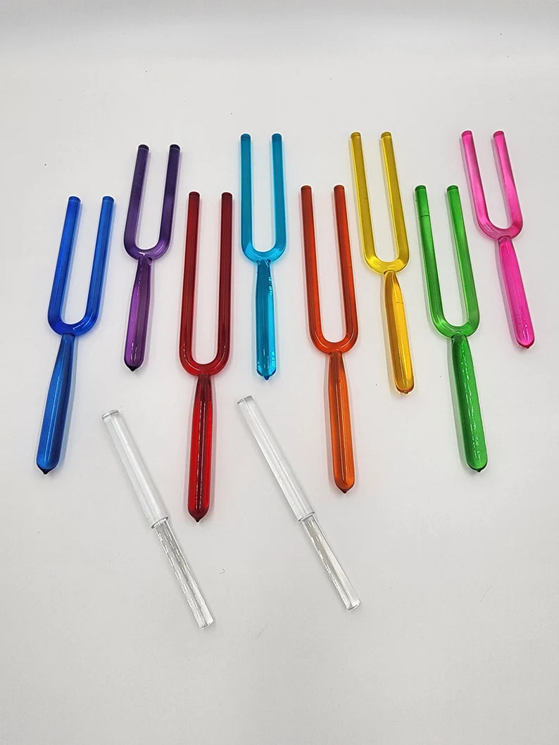 Chakra Crystal Tuning Fork Set of 8 - 16mm, C, D, E, F, G, A, B and High C Soul Purpose with Metal Carry Case - Crystal Sound Vibration