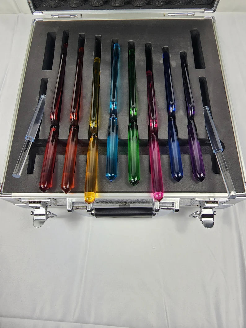 Chakra Crystal Tuning Fork Set of 8 - 16mm, C, D, E, F, G, A, B and High C Soul Purpose with Metal Carry Case - Crystal Sound Vibration