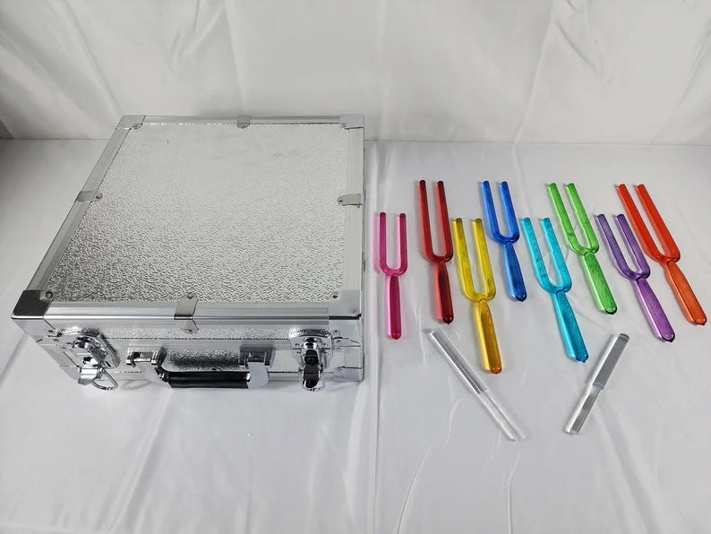 Chakra Crystal Tuning Fork Set of 8 - 16mm, C, D, E, F, G, A, B and High C Soul Purpose with Metal Carry Case - Crystal Sound Vibration