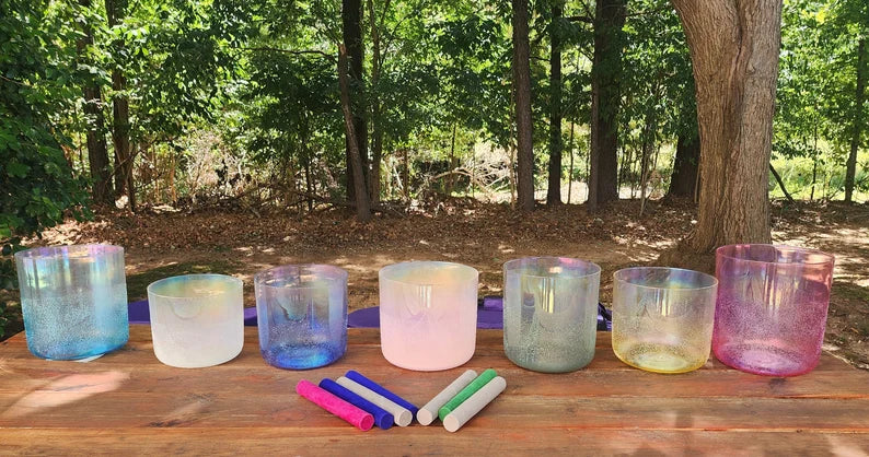 432Hz Gem Fused Clear Crystal Singing Bowl Chakra 7 Set Moldavite, Citrine, Rose Quartz, Selenite, Pink Tourmaline, Amazonite, Lapis Lazuli