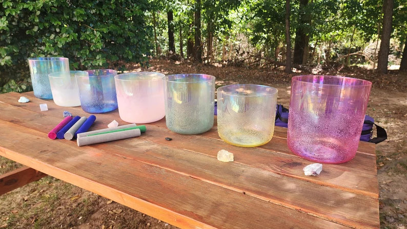 432Hz Gem Fused Clear Crystal Singing Bowl Chakra 7 Set Moldavite, Citrine, Rose Quartz, Selenite, Pink Tourmaline, Amazonite, Lapis Lazuli