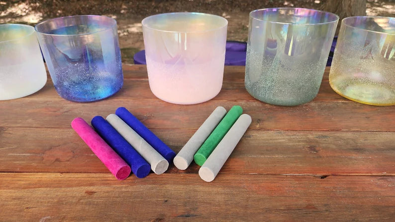 432Hz Gem Fused Clear Crystal Singing Bowl Chakra 7 Set Moldavite, Citrine, Rose Quartz, Selenite, Pink Tourmaline, Amazonite, Lapis Lazuli