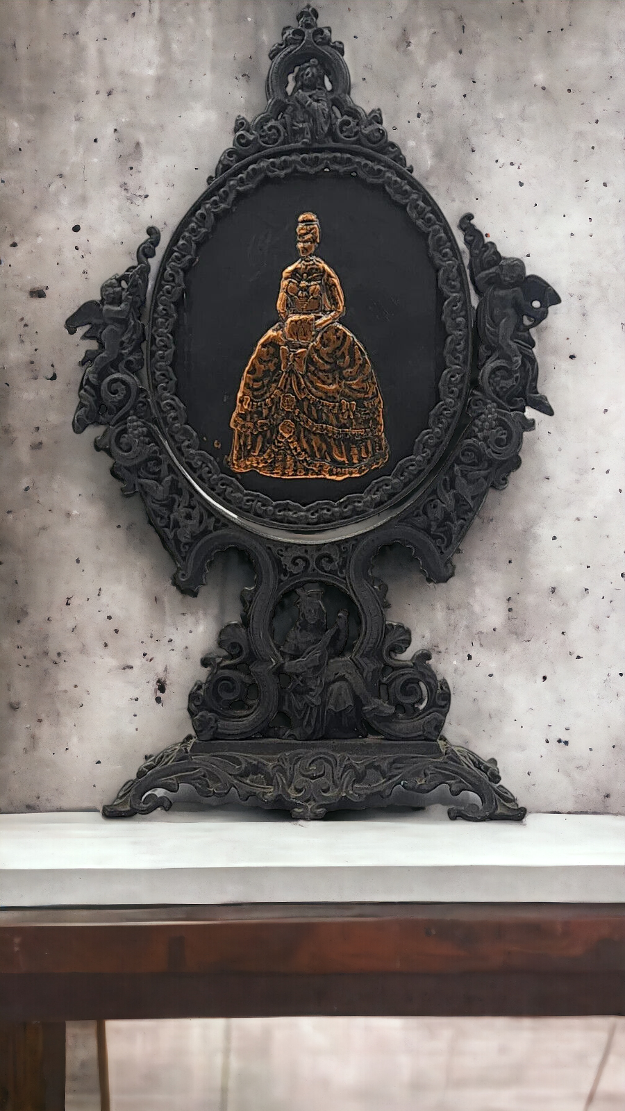 Antique Italian Rococo Cast Iron Gilt Vanity Mirror with Victorian Lady Picture - Thecosmicaccess