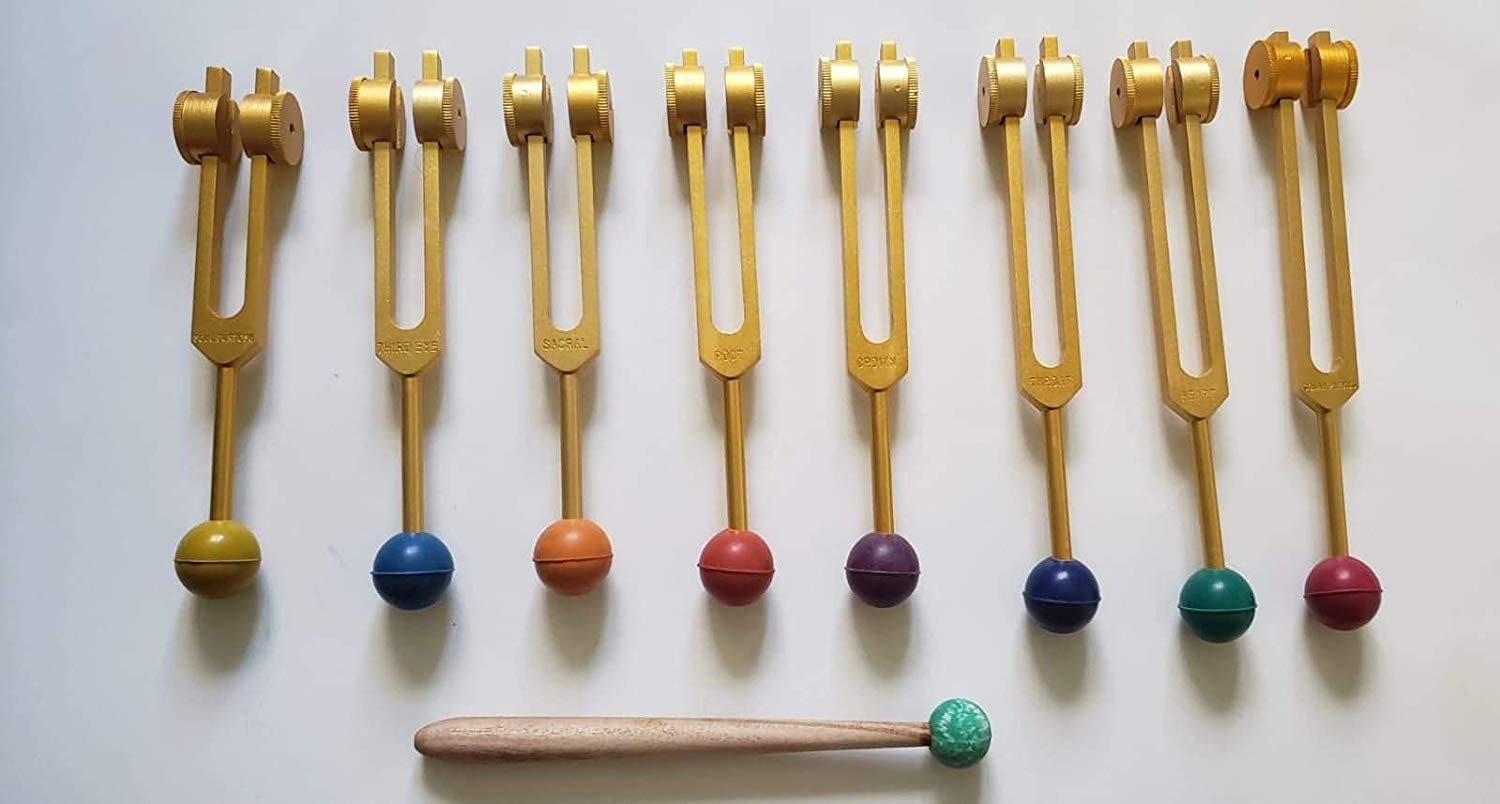 Chakra Tuning Fork Weighted Therapy Healing Set of 8 Golden Color Includes Soul Purpose with Mallet and Velvet Bag - Thecosmicaccess