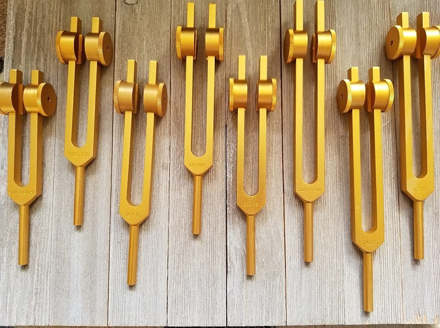 8 Gold Chakra Weighted Tuning Fork Therapy Energy Healing with Striker and Velvet Bag - Thecosmicaccess