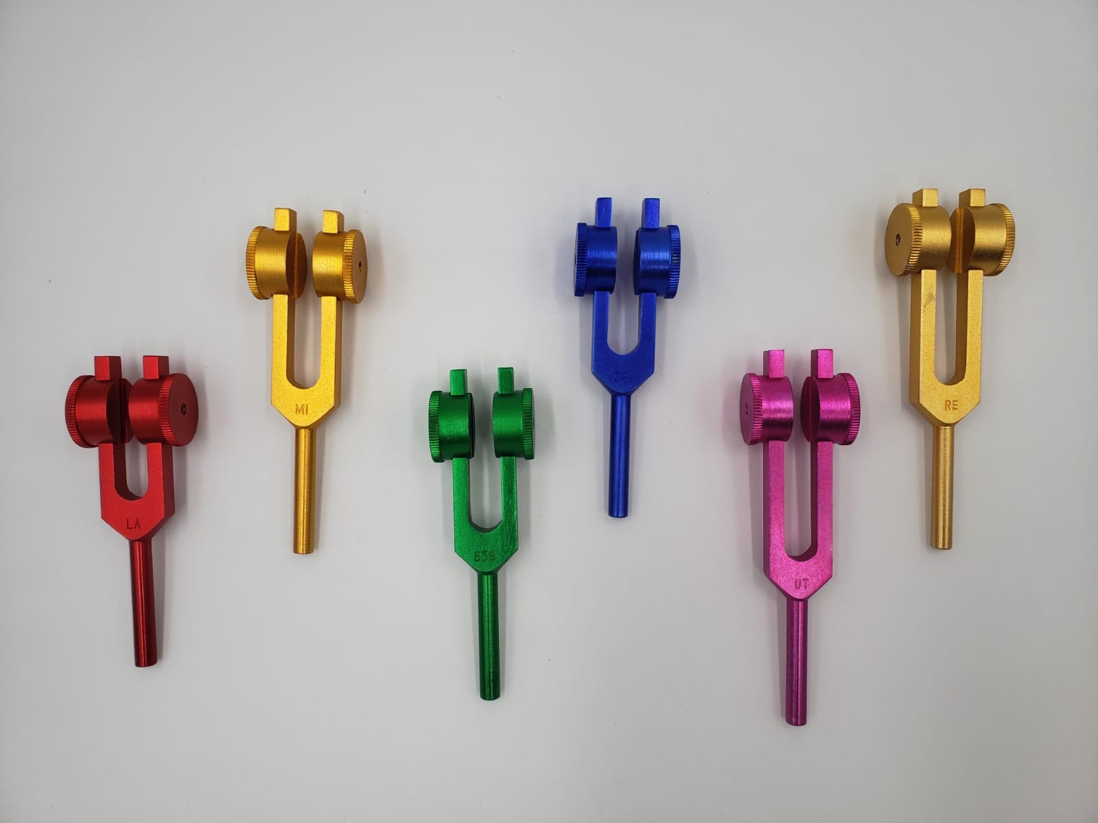 6 Sacred Solfeggio Weighted Color Tuning forks with Velvet Bag and Striker - Thecosmicaccess