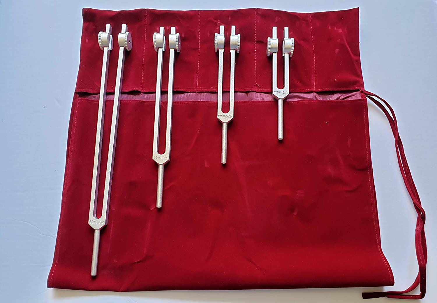 High OCTAVE Weighted Healing High and Low Om Tuning Fork Set of 4 with Mallet and Velvet Bag - Thecosmicaccess
