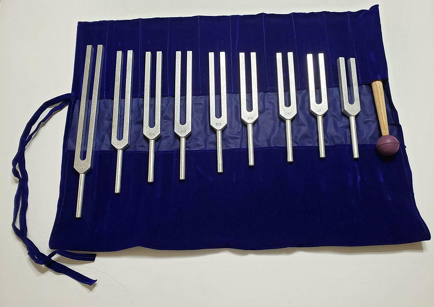 Solfeggio Tuning Fork Set of 9 with Velvet Bag and Mallet Ships from Canada - Thecosmicaccess