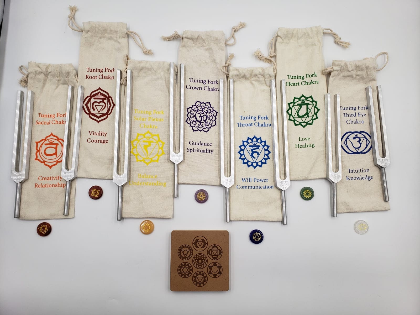 DYNAMIC Chakra Set of 8 Unweighted Healing Tuning Fork Set with Individual Chakra Marked Bags a Mallet and Engraved Natural Palm Gemstones - Thecosmicaccess