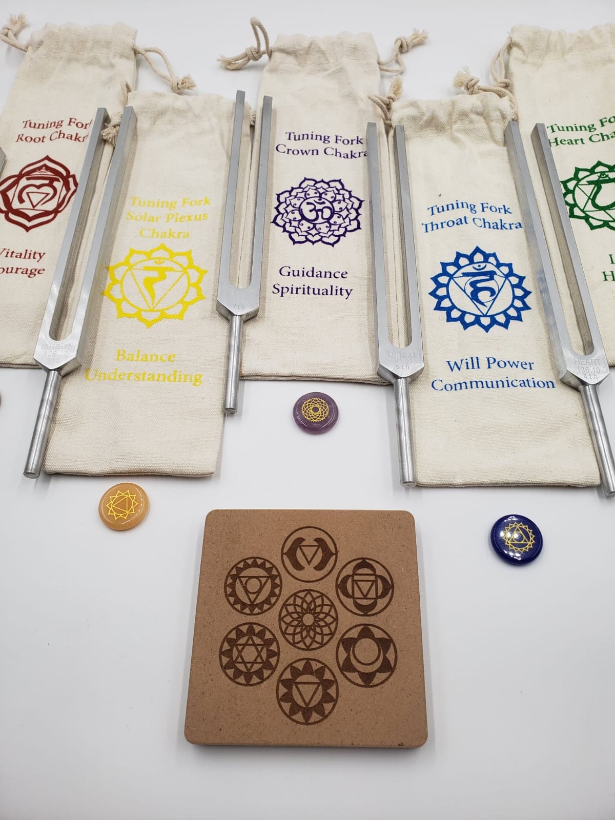 DYNAMIC Chakra Set of 8 Unweighted Healing Tuning Fork Set with Individual Chakra Marked Bags a Mallet and Engraved Natural Palm Gemstones - Thecosmicaccess