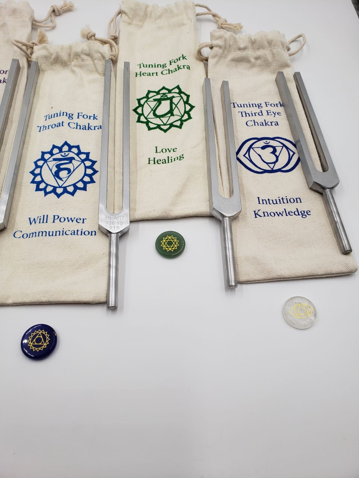 DYNAMIC Chakra Set of 8 Unweighted Healing Tuning Fork Set with Individual Chakra Marked Bags a Mallet and Engraved Natural Palm Gemstones - Thecosmicaccess