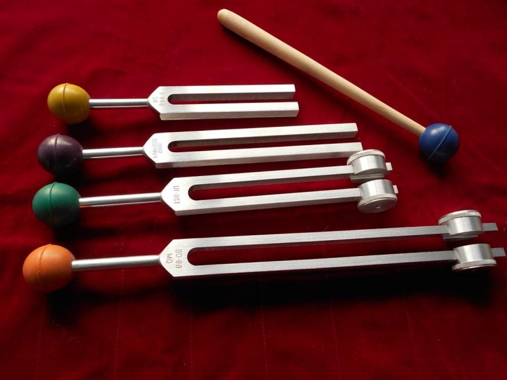 Om Set of 4 Tuning Forks Weighted Low Mid & Unweighted High OM OHM with Striker and Velvet Pouch - Thecosmicaccess