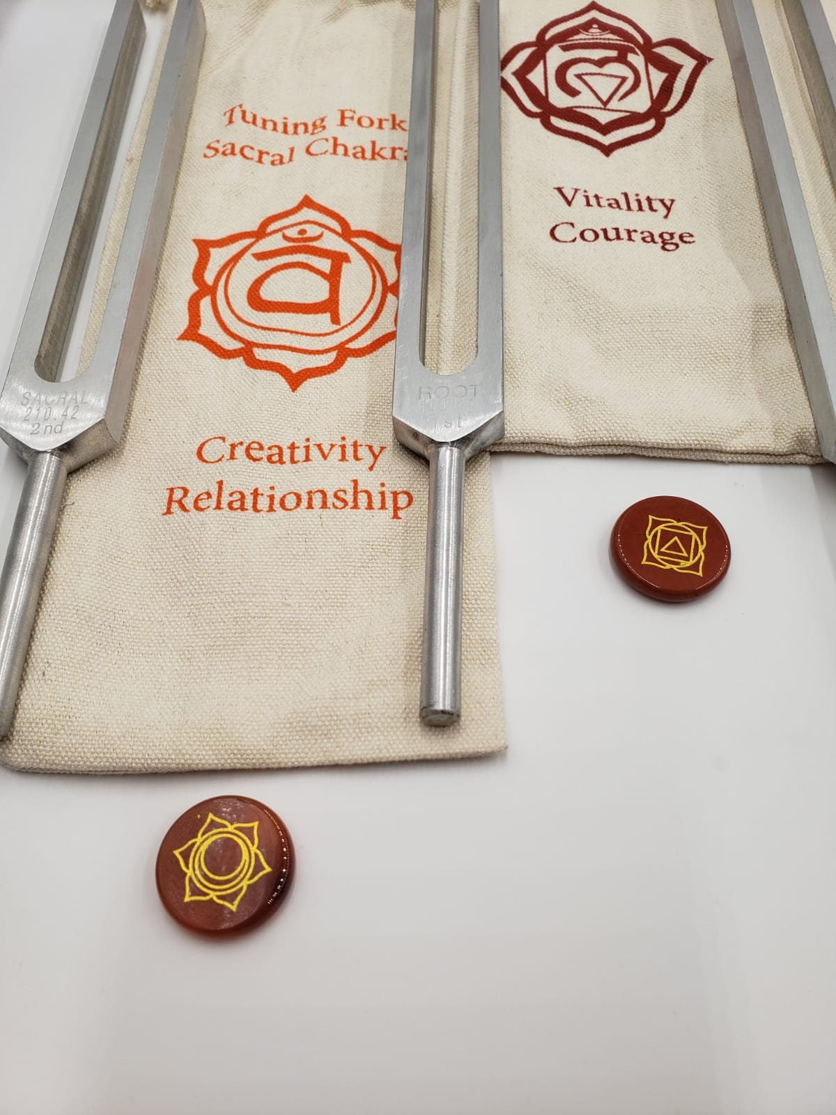 DYNAMIC Chakra Set of 8 Unweighted Healing Tuning Fork Set with Individual Chakra Marked Bags a Mallet and Engraved Natural Palm Gemstones - Thecosmicaccess