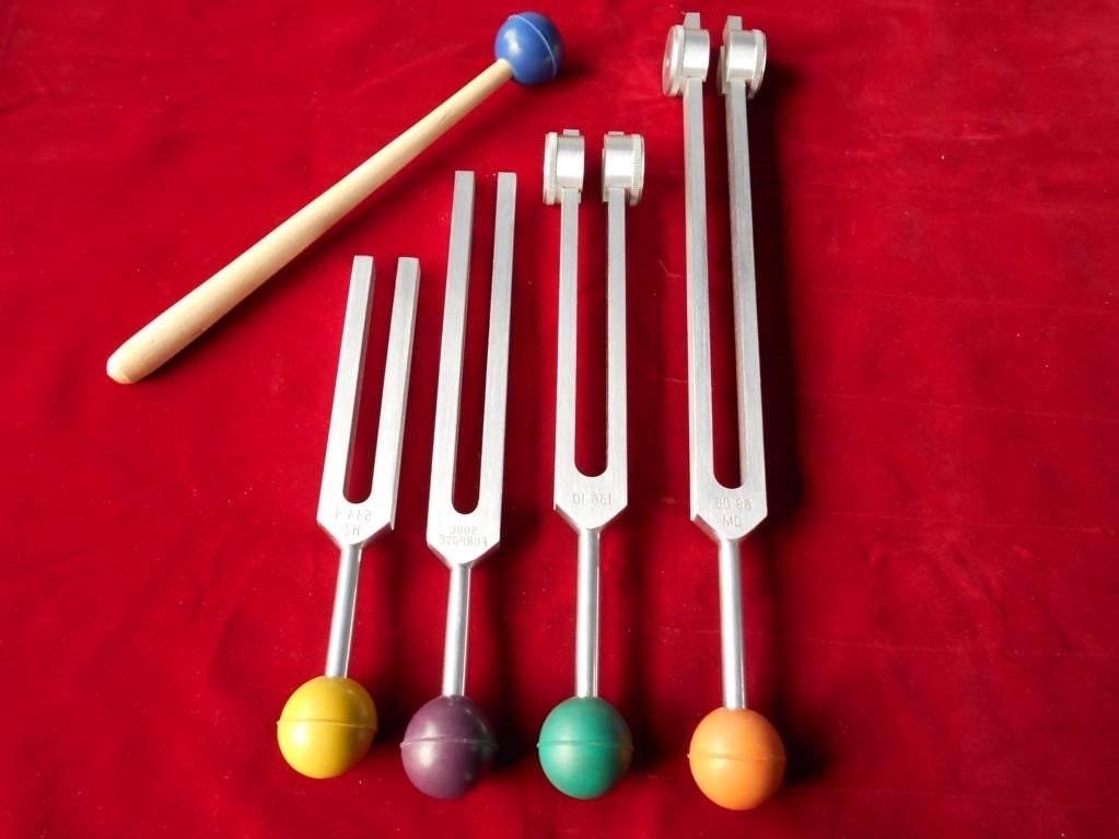 Om Set of 4 Tuning Forks Weighted Low Mid & Unweighted High OM OHM with Striker and Velvet Pouch - Thecosmicaccess
