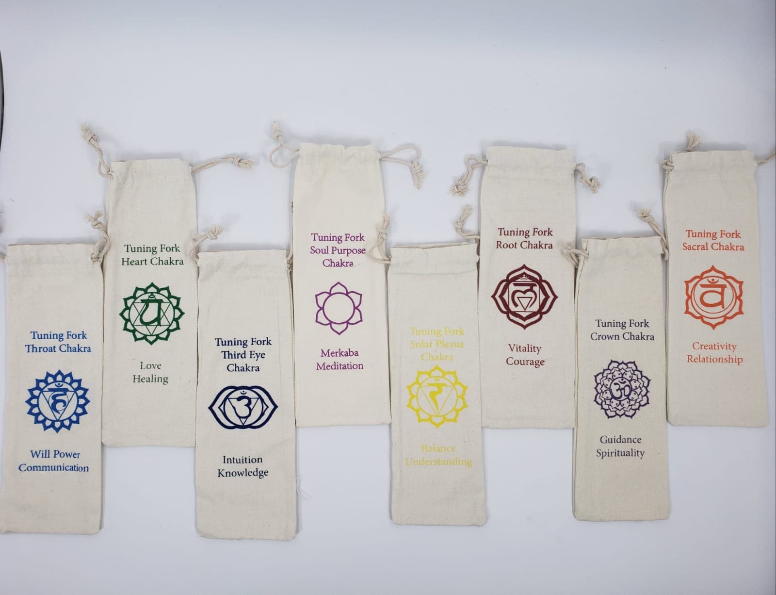 UNWEIGHTED COLOR Healing Chakra Tuning Fork Set of 8 with INDIVIDUALLY Marked Chakra Sign Bags and 4 Mallets Includes Soul Purpose - Thecosmicaccess