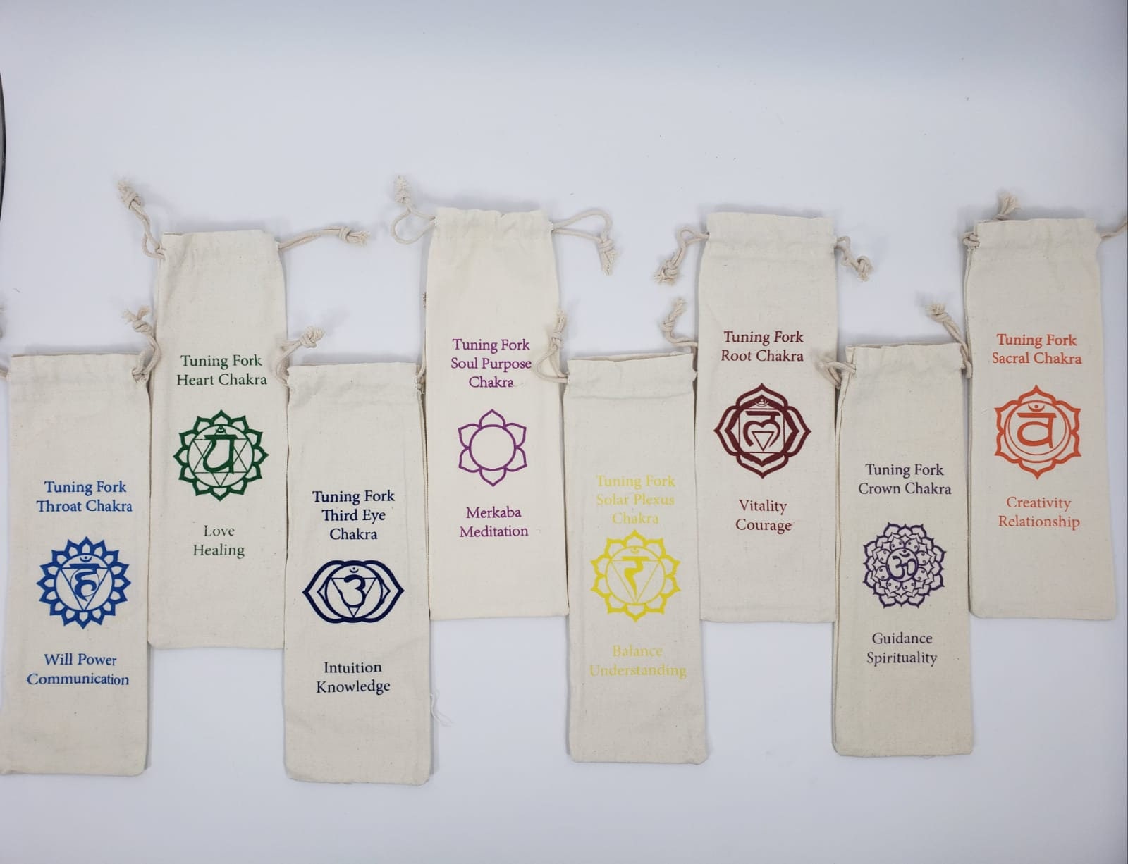Therapeutic Chakra Tuning Forks Set of 8 Sound Healing with Color Coded BUDDHA BEADS and Thick Canvas Chakra Sign Drawstring Bags - Thecosmicaccess