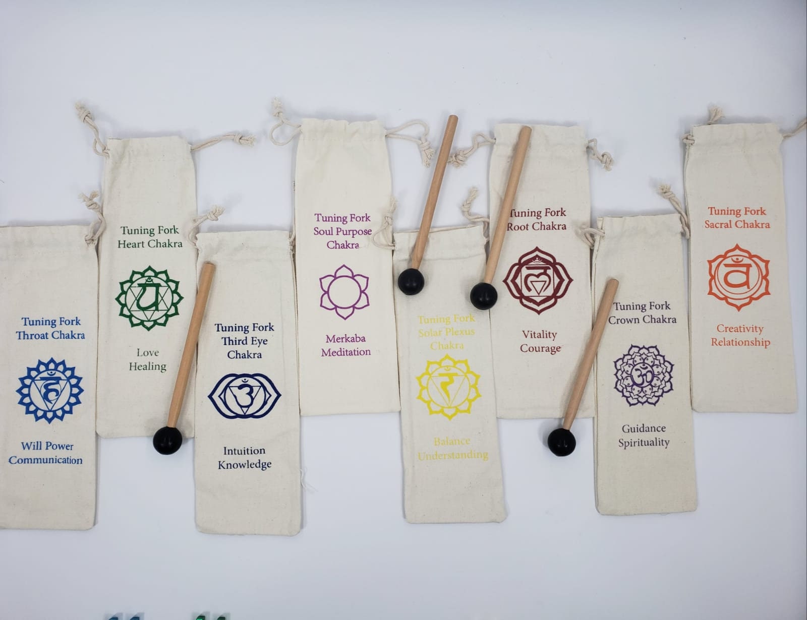 Therapeutic Chakra Tuning Forks Set of 8 Sound Healing with Color Coded BUDDHA BEADS and Thick Canvas Chakra Sign Drawstring Bags - Thecosmicaccess