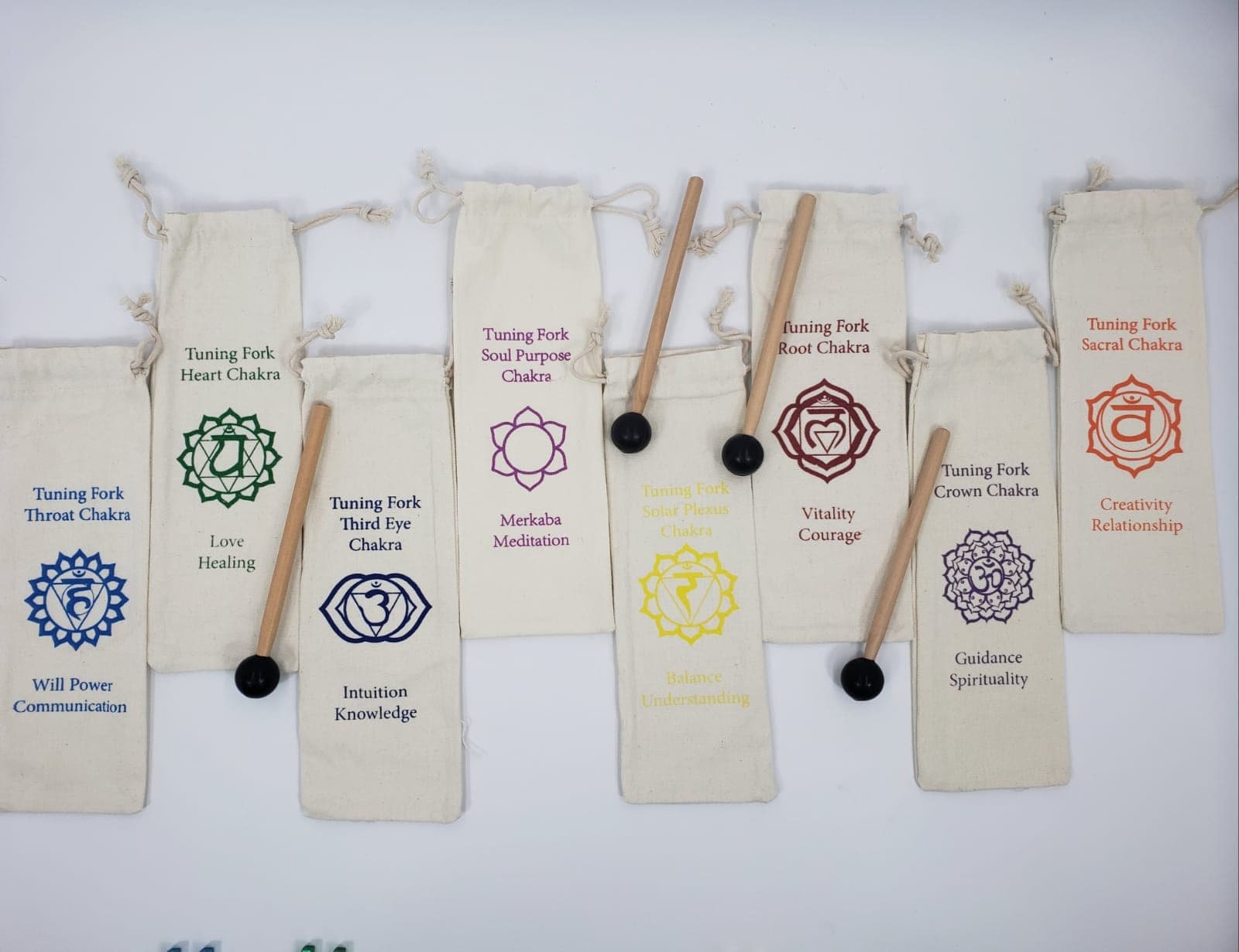 UNWEIGHTED COLOR Healing Chakra Tuning Fork Set of 8 with INDIVIDUALLY Marked Chakra Sign Bags and 4 Mallets Includes Soul Purpose - Thecosmicaccess
