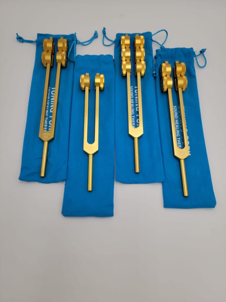 Professional Otto Tuners Weighted 4 Tuning Forks 32 Hz 48 Hz 64 Hz and 128 Hz with Velvet Bag and Striker - Thecosmicaccess