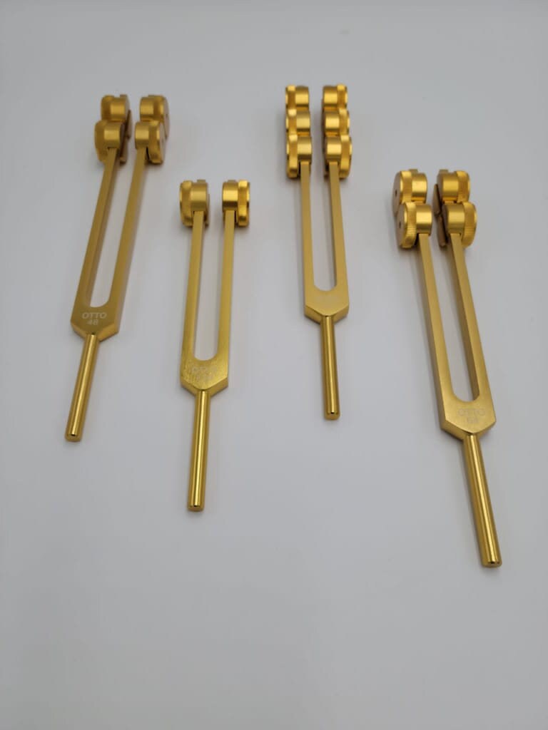 Professional Otto Tuners Weighted 4 Tuning Forks 32 Hz 48 Hz 64 Hz and 128 Hz with Velvet Bag and Striker - Thecosmicaccess