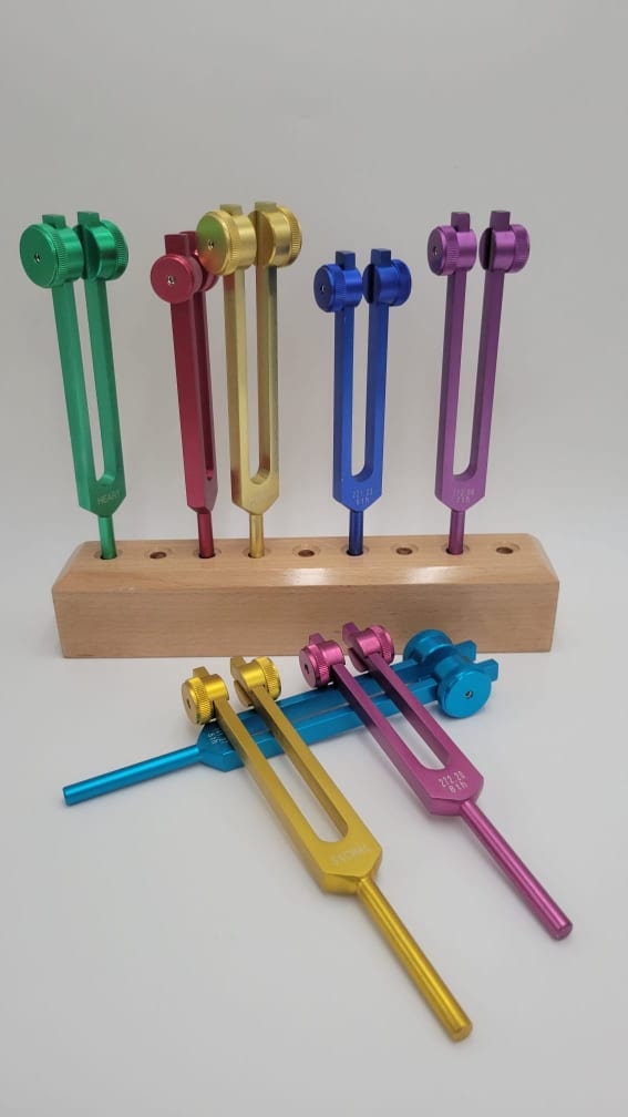 Chakra Set of 8 COLOR WEIGHTED Tuning forks with Solid Wood Tuning Forks Holder a Bag and 4 Strikers - Thecosmicaccess