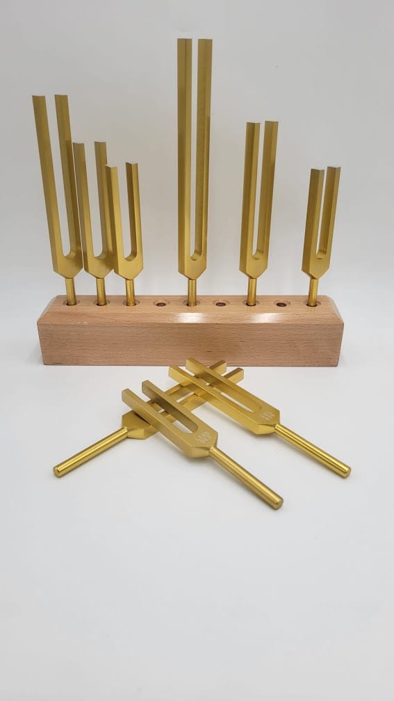 Solfeggio Set of 9 GOLD Color Unweighted Tuning Fork Set with SOLID Wood Tuning Fork Holder a Bag and 4 Strikers - Thecosmicaccess