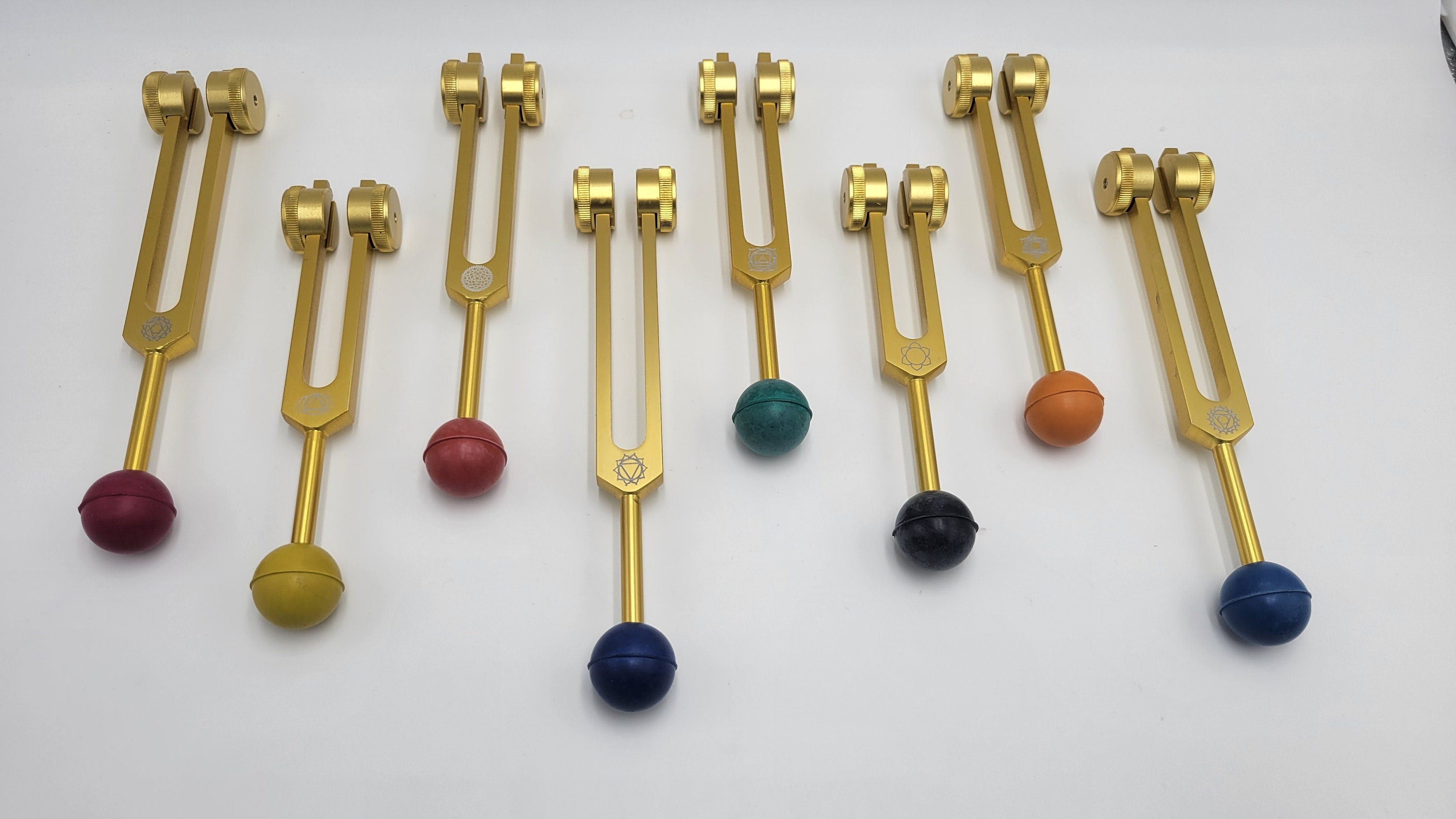 Professional Gold Weighted Chakra Tuning Forks with Removable Rubber Balls Individual Chakra Pouch 8 Mallets - Please Check ALL PICTURES - soundhealers