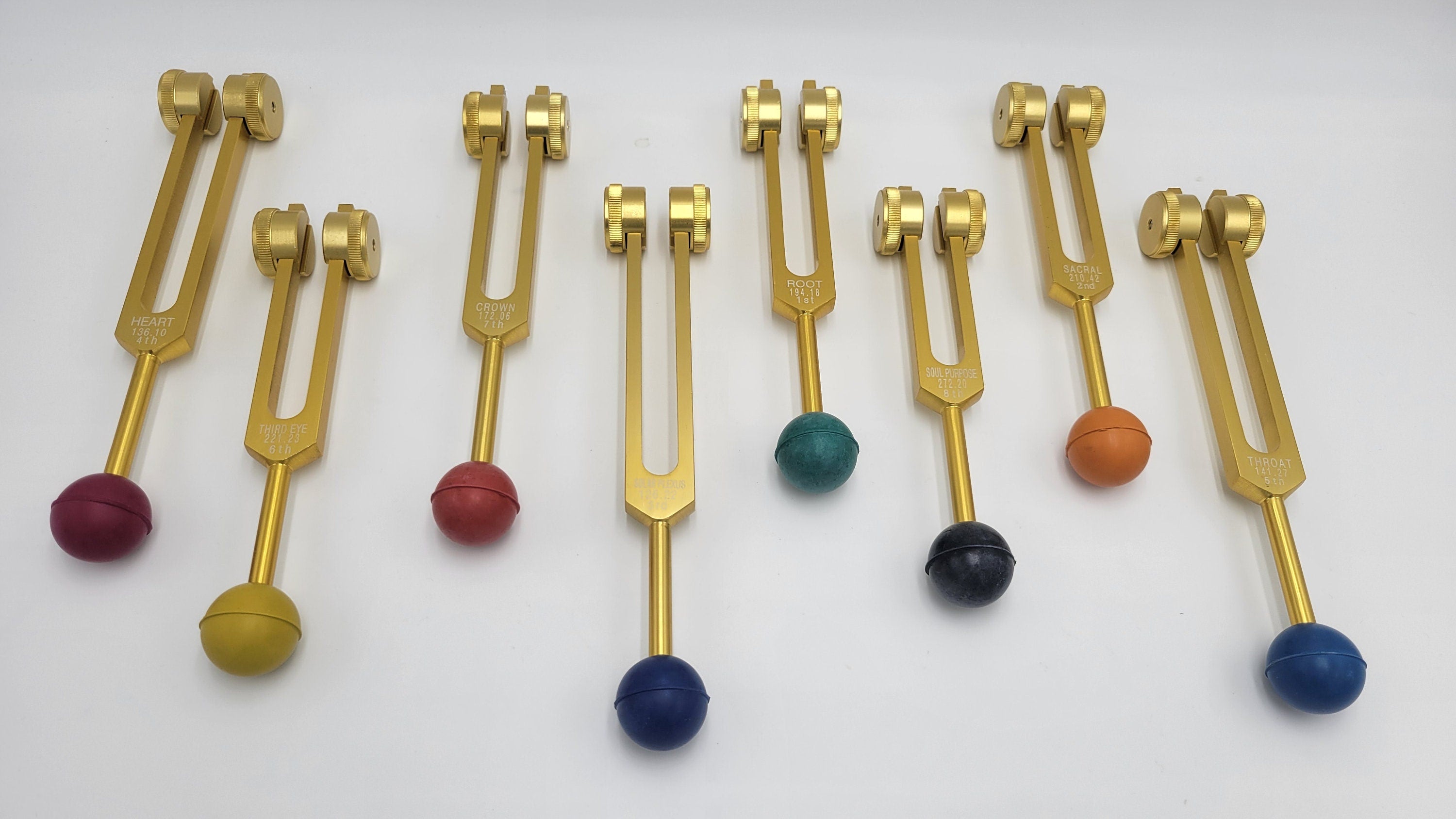 Professional Gold Weighted Chakra Tuning Forks with Removable Rubber Balls Individual Chakra Pouch 8 Mallets - Please Check ALL PICTURES - Thecosmicaccess