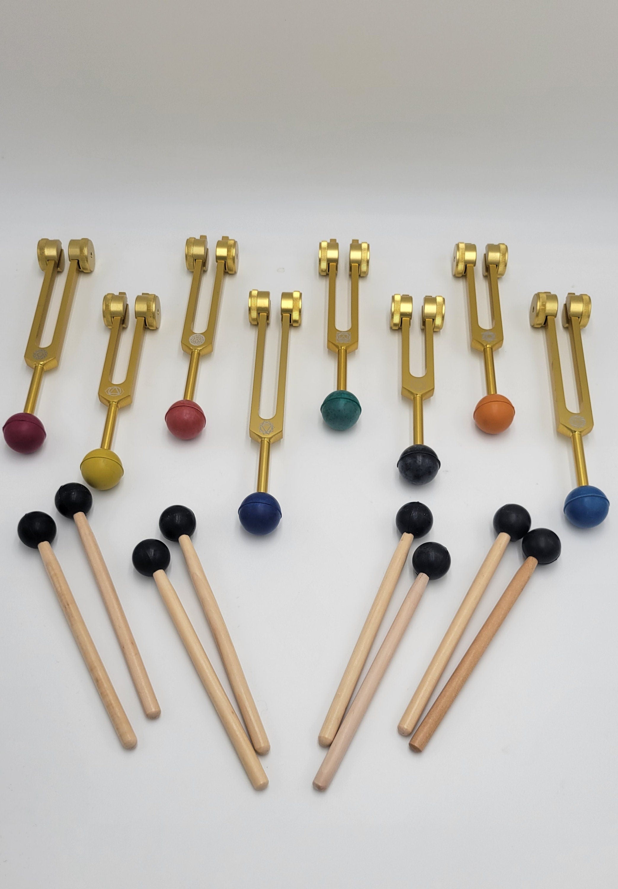 Professional Gold Weighted Chakra Tuning Forks with Removable Rubber Balls Individual Chakra Pouch 8 Mallets - Please Check ALL PICTURES - Thecosmicaccess