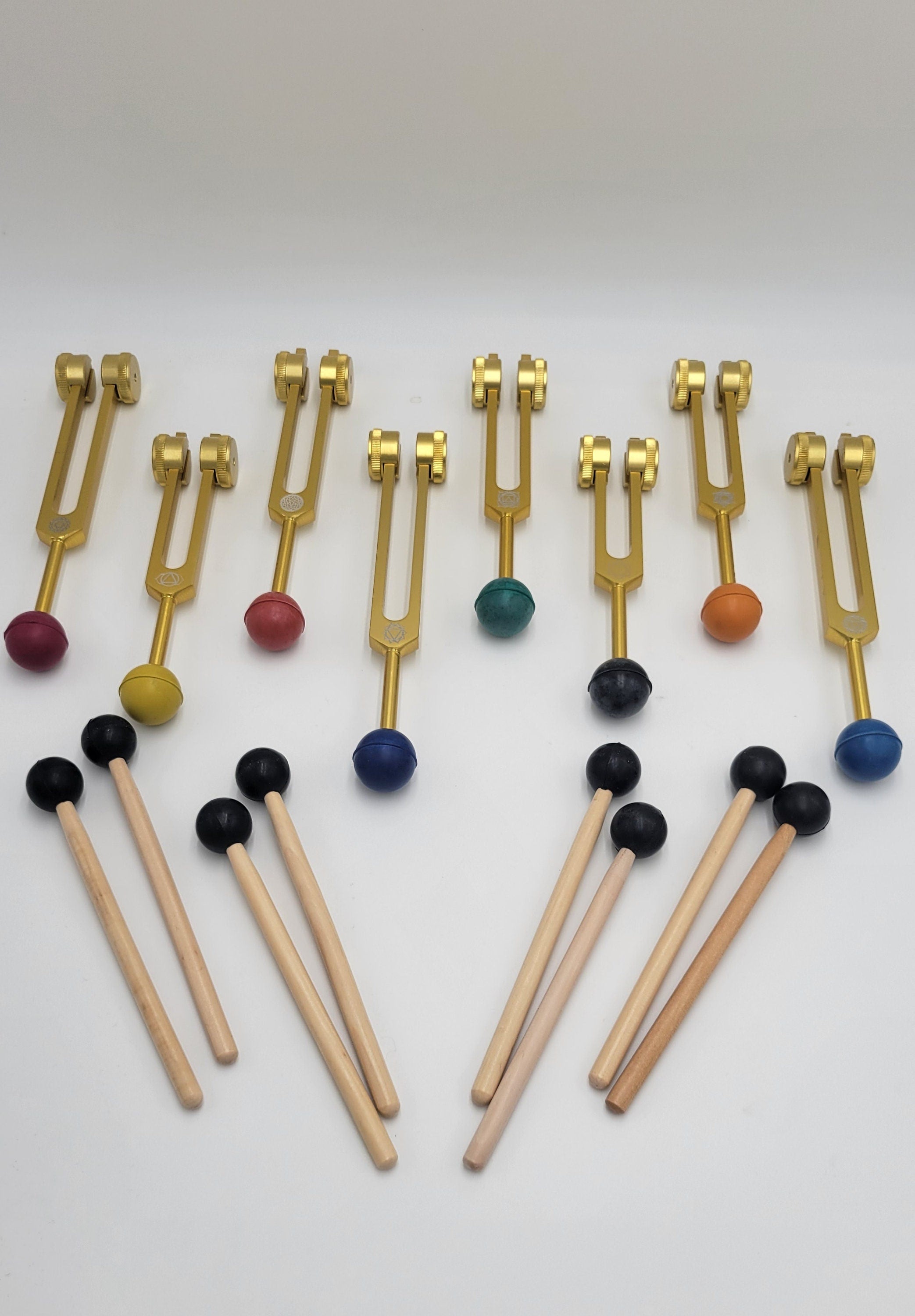 Professional Gold Weighted Chakra Tuning Forks with Removable Rubber Balls Individual Chakra Pouch 8 Mallets - Please Check ALL PICTURES - soundhealers