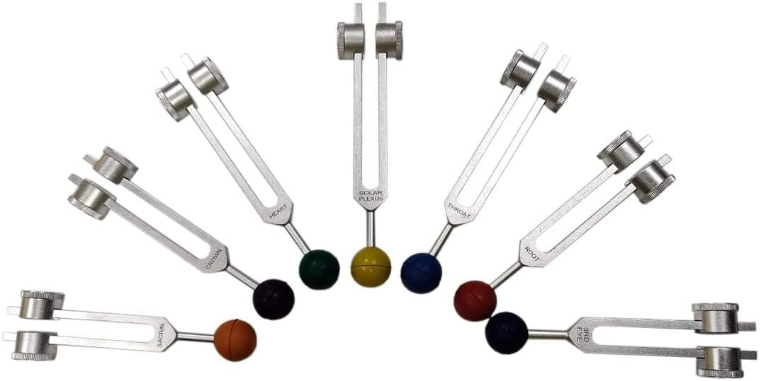 7 Weighted Chakra Tuning Fork Set with Colored Chakra Balls Free Bag and Striker - Thecosmicaccess